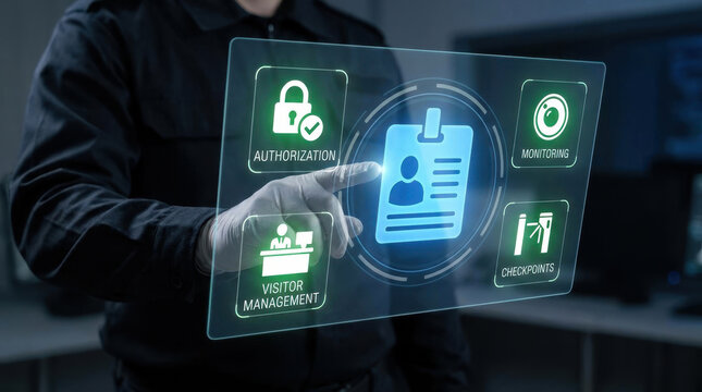 Digital interface showing authorization, visitor management, monitoring, and checkpoint access