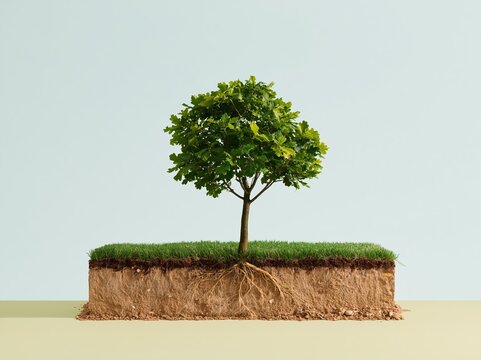 Broadleaf tree with an exposed root system growing from a soil cross section, featuring earthy textures for ecology and education visuals