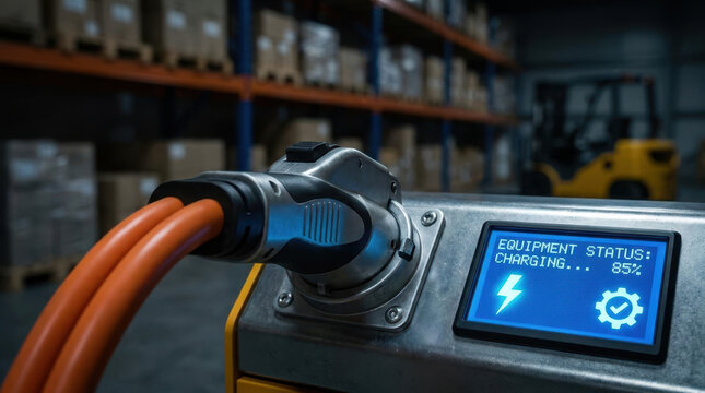 Industrial charging station electric forklift connector charging in warehouse with glowing status display, orange cable, metal equipment, storage shelves, and parked forklift in background