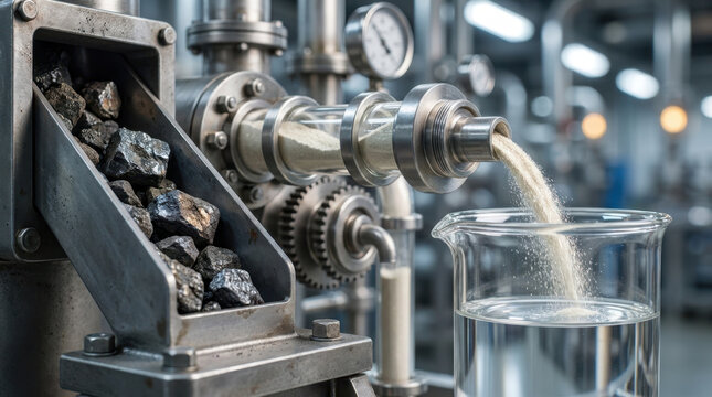 Industrial metal refining equipment processes rare earth supplies into liquid material