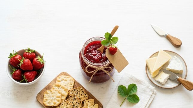 Fresh strawberries and homemade jam with cheese and crackers on a white table