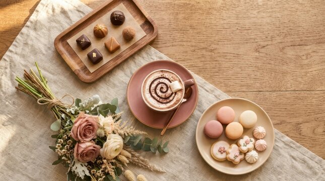 A delightful spread of chocolates, macarons, and hot cocoa with a floral arrangement