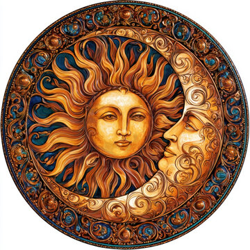 intricate carved wood relief artwork featuring celestial sun and moon faces in a harmonious circular yin yang balance design, rich golden bronze tones, swirling details, mystical esoteric aesthetics