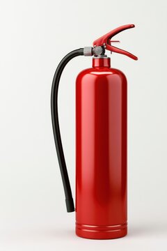 Classic red portable fire extinguisher with black flexible hose and realistic safety handle, positioned upright in a clean studio setting for safety equipment display