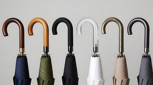 Collection of stylish umbrellas with various handles and colors.