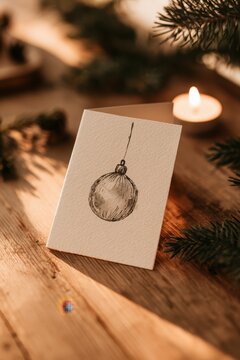 Artisanal Christmas card showing a drawn ornament on rustic paper stock