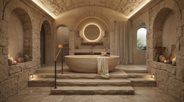 Luxurious stone bathroom with a freestanding tub and ambient lighting