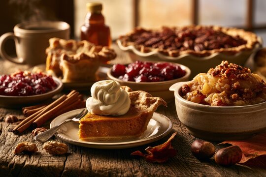 Assorted fall desserts for a Thanksgiving scene with whipped cream and maple syrup