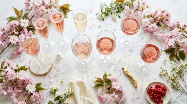 Elegant rose wine and sparkling drinks with cherry blossoms and berries