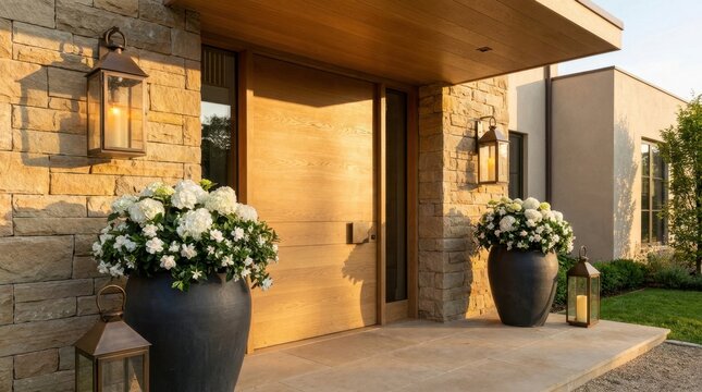 Elegant modern home entrance with warm lighting and lush floral arrangements