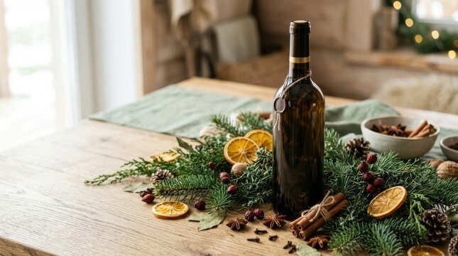 Festive wine bottle surrounded by Christmas greenery and spices on a wooden table