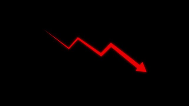 Animated red neon financial chart arrow pointing downward indicating market decline, economic recession, business loss, negative growth, stock market crash, and financial crisis concept on black