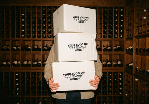 Person Carrying Cardboard Wine Boxes on Storage Branding Mockup