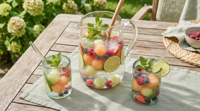 Refreshing fruit infused water pitcher and glasses on a wooden table