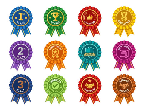 Set of colorful award rosettes and achievement ribbons for business and competition winners