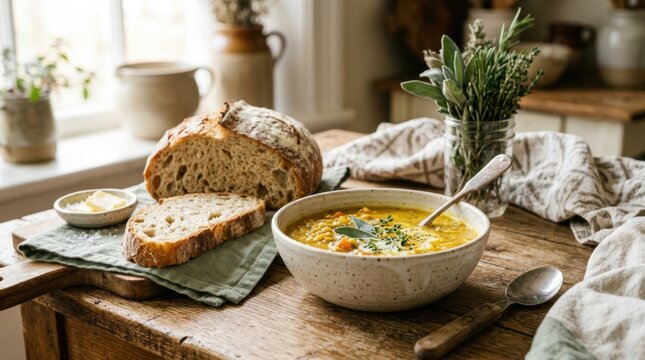 Hearty lentil soup with crusty bread and butter served on a rustic wooden table