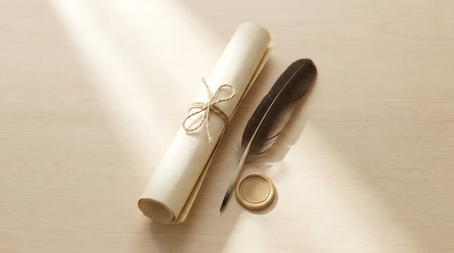 Vintage parchment scroll on wooden surface with quill and wax seal