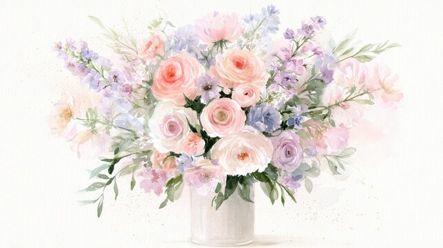 Whimsical watercolor floral composition with gentle color wash