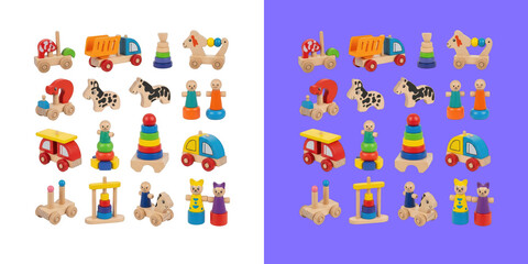 Fototapeta premium Set of colorful wooden toy figures and vehicles for kids creative play
