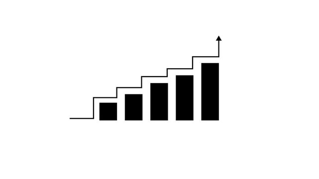 Minimalist animated bar chart showing progressive business growth and financial success with rising steps and upward arrow on a clean white background, for corporate presentations, and data analysis