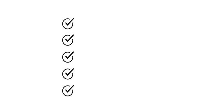Minimalist animated checklist with five checkmarks appearing sequentially on a clean white background, business presentations, task management apps, and productivity software