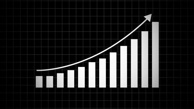 Animated financial bar chart showing exponential business growth with rising arrow trend line on a dark grid background, for corporate presentations, economic analysis, market, success, and data