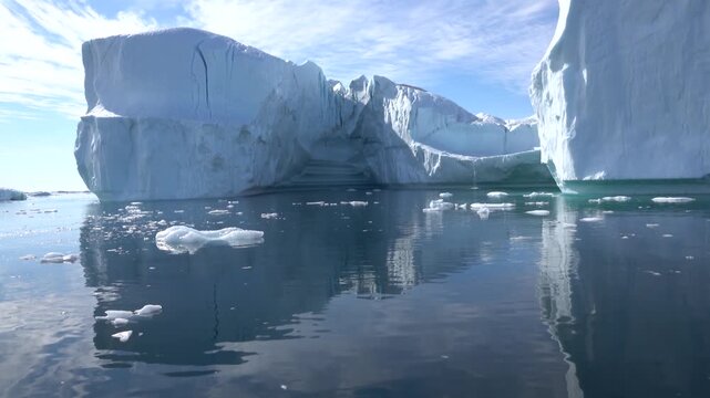 Massive Icebergs Floating Near Disko Bay Western Greenland
Massive icebergs float near Disko Bay in Western Greenland under clear skies, 26 August 2026.
