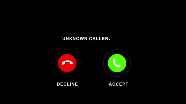 Digital smartphone interface displaying an incoming call from an unknown caller with red decline and green accept buttons for modern mobile communication technology concepts and user interface
