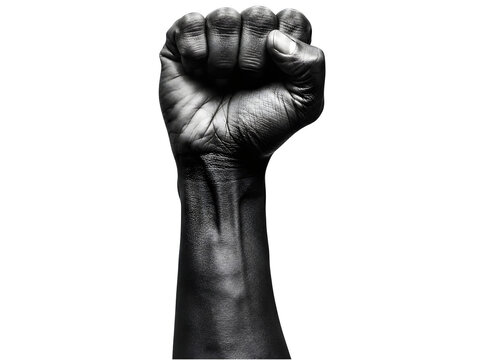 Powerful raised fist, black man clenched hand, symbol of strength and protest isolated on Transparent Background