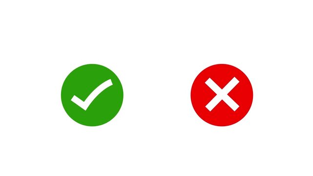 Animated green checkmark and red x cross symbols appearing on a clean white background, for ui ux, digital feedback systems, decision making, control, and interactive surveys