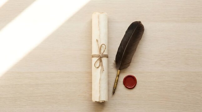 Vintage parchment scroll with quill pen and wax seal for constitution
