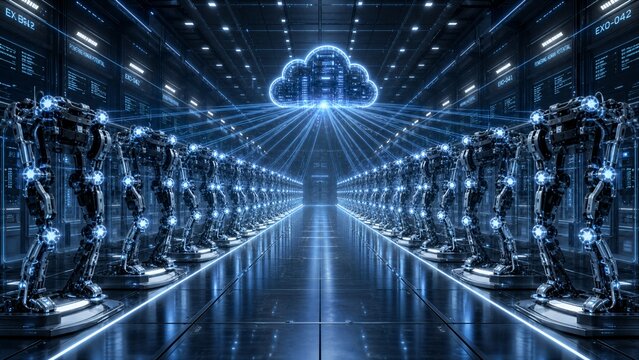 Futuristic Cloud Server Room: A hyper-modern, neon-lit server room with rows of advanced machinery, illuminated by a radiant cloud icon symbolizing digital data storage.