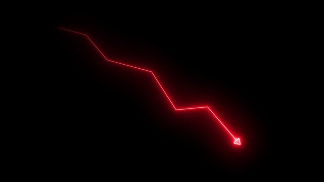 Neon red financial market downtrend graph line animation showing economic decline and stock market crash concept with glowing digital chart arrow moving downwards against a dark black background