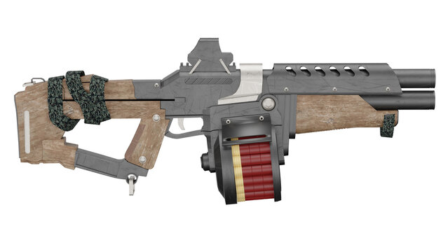 3d rendering future handgun design with wood and metal details
