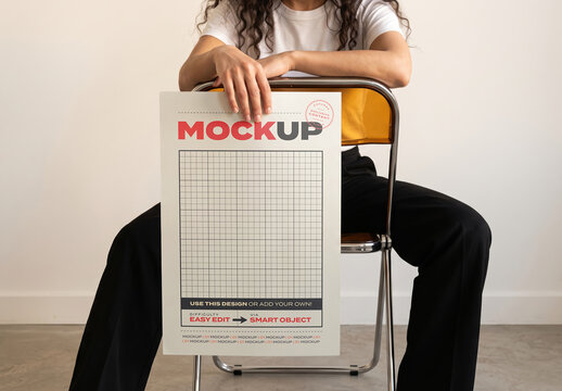 Person Sitting Holding Page Poster Mockup