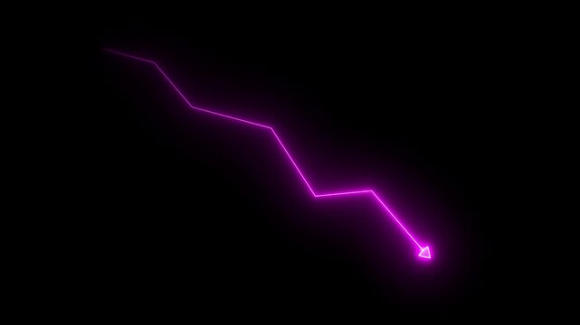 Neon pink financial downtrend graph line animation illustrating market decline and economic recession concepts with glowing digital chart arrow moving downward on a solid black background for