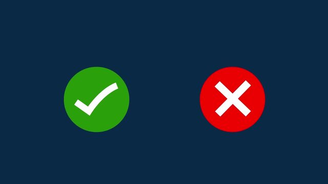 Animated green checkmark and red x cross symbols set on a dark blue background, highlighting choice, decision making, correct or incorrect status, approval, rejection, validation, and feedback