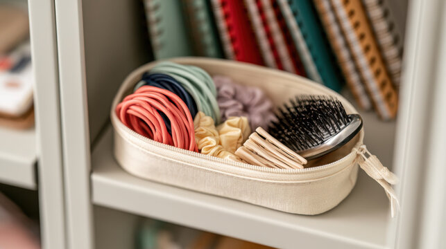 School locker hair essentials organizer with colorful hair ties scrunchies clips and hairbrush neatly stored in a compact zippered pouch beside notebooks