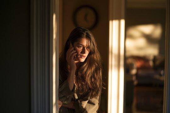 Woman in doorway checking the time while talking on a smartphone at home