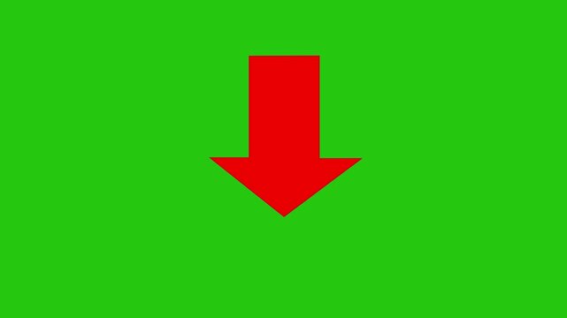 Vibrant red arrow pointing downwards isolated on a solid chroma key green screen background, for easy compositing, digital signage, website, navigation, instructional guides, and ui