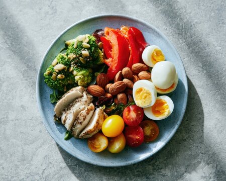A healthy balanced meal plate featuring grilled chicken breast sliced avocado boiled eggs kidney beans and fresh colorful cherry tomatoes
