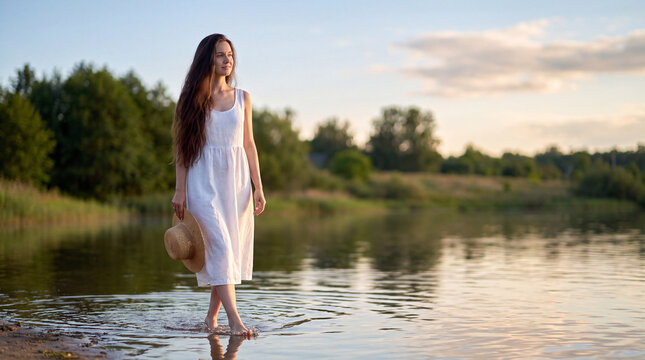 Young woman walks barefoot through shallow water. Long dark hair flows gently in breeze. Soft golden light bathes her serene expression. Trees line distant shore, creating calm horizon