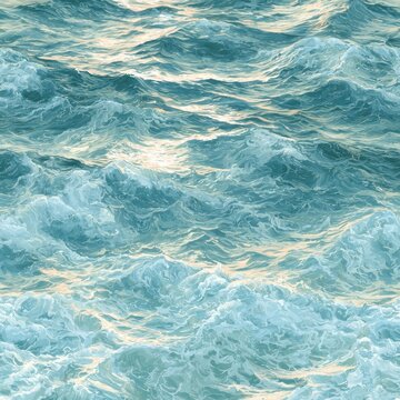 seamless ocean water surface pattern with gentle blue waves, sunlight reflections, turquoise sea texture, and fluid motion painterly digital art illustration background for swimming pool