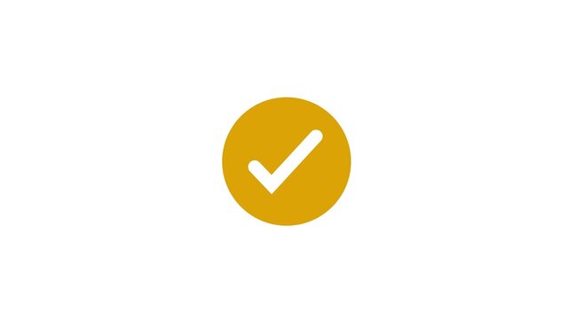 Animated golden yellow circle featuring a clean white checkmark symbol for successful task completion, verification, approval, correct choice, and positive user interface feedback
