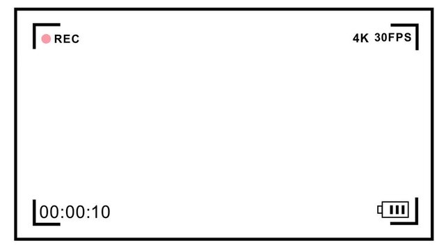 Digital camera viewfinder overlay with 4k 30fps recording indicators, timecode counter, and battery status for cinematic production, broadcast editing, and creative media projects