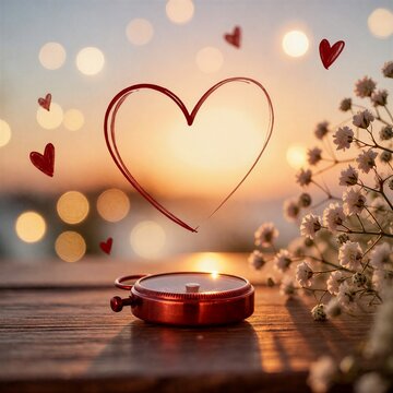 Romantic candle with heart decorations at sunset with flowers  