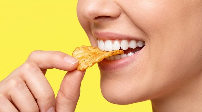 Close up young woman biting crispy potato chip against bright yellow background for snack food advertisement with view person