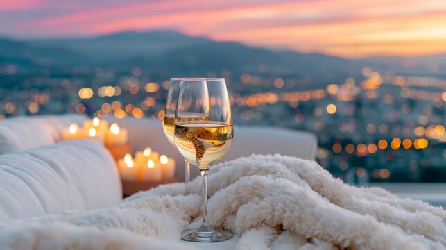 Golden wine glows in a glass, resting on soft blanket. City lights twinkle softly in twilight's hush. Candle warmth adds cozy comfort to the scene. Serene moment feels intimate, peaceful, and inviting