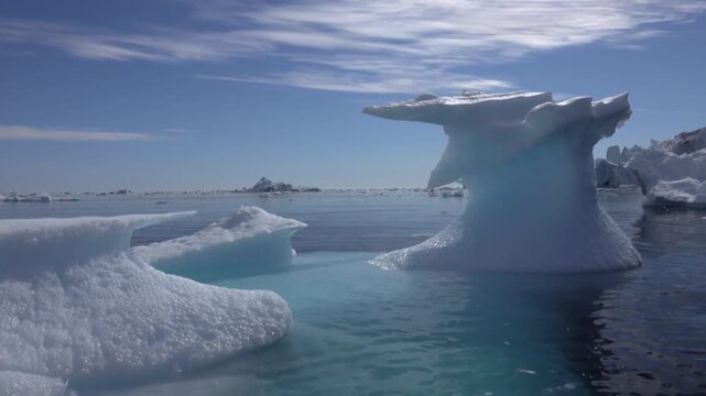 Massive Icebergs Floating Near Disko Bay Western Greenland
Massive icebergs float near Disko Bay in Western Greenland under clear skies, 26 August 2026.
