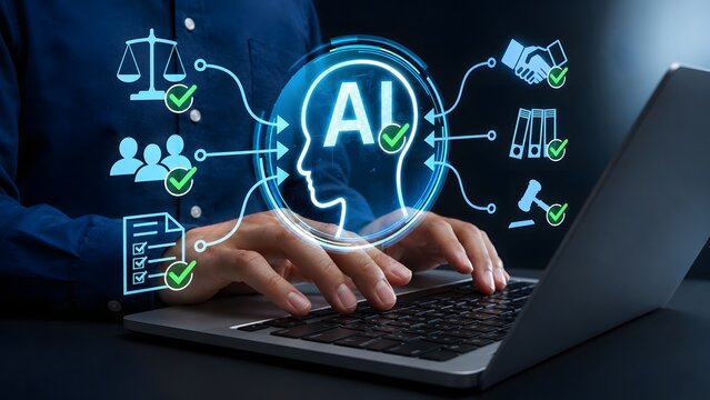 AI ethics. AI governance and compliance. Responsible and fair AI development and use of AI. Businessman using explainable AI on laptop computer.